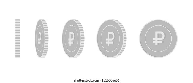 Russian ruble rotating coins set, animation ready. Black and white RUB silver coins rotation. Russia metal money. Precious cartoon vector illustration.