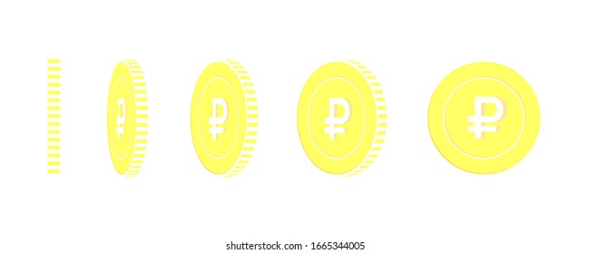 Russian ruble rotating coins set, animation ready. Yellow RUB gold coins rotation. Russia metal money. Perfect cartoon vector illustration.