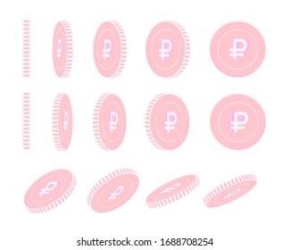 Russian ruble rotating coins set, animation ready. Pink RUB copper coins rotation. Russia metal money. Noteworthy cartoon vector illustration.