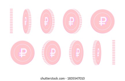 Russian ruble rotating coins set, animation ready. Pink RUB copper coins rotation. Russia metal money. Mesmeric cartoon vector illustration.