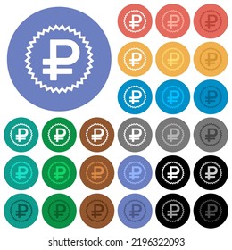 Russian Ruble sticker alternate multi colored flat icons on round backgrounds. Included white, light and dark icon variations for hover and active status effects, and bonus shades.