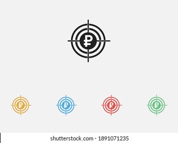 Russian ruble in the target icon. Vector illustration icon. Simple icon. Investment target icon. Set of colorful flat design icons
