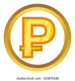 Russian ruble vector icon in golden circle, cartoon style isolated on white background