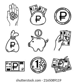 Iconos vectoriales rusos en rublo. Billetes, monedas, bolsos de dinero, banco de cerdos, billetes en billetera, mano con billetes de banco rusos. Elementos blancos y negros aislados en blanco. Signo del sistema de pago