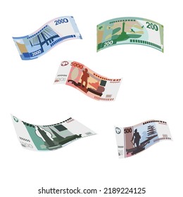 Russian Ruble Vector Illustration. Russia money set bundle banknotes. Falling, flying money 200, 500, 1000, 2000, 5000 RUB. Flat style. Isolated on white background. Simple minimal design.