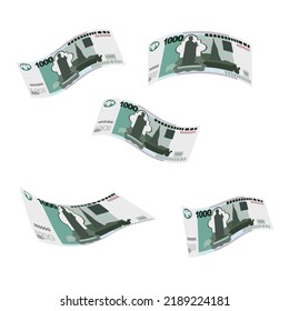 Russian Ruble Vector Illustration. Russia money set bundle banknotes. Falling, flying money 1000 RUB. Flat style. Isolated on white background. Simple minimal design.