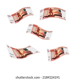 Russian Ruble Vector Illustration. Russia money set bundle banknotes. Falling, flying money 5000 RUB. Flat style. Isolated on white background. Simple minimal design.