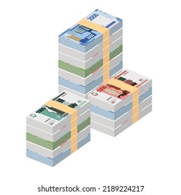 Russian Ruble Vector Illustration. Russia money set bundle banknotes. Paper money 200, 500, 1000, 2000, 5000 RUB. Flat style. Isolated on white background. Simple minimal design.