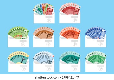 Russian Ruble  Verius Velue Banknotes  Money In Deffrent Envelope Vector Icon. Salary, Royalty, Revenue, Payment And Finance Element. Can Be Used For Web, Mobile, Infographic And Print. 