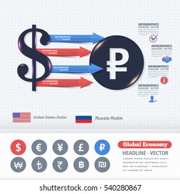 Russian Ruble vs US Dollars, Global Economy Financial Infographics Flat Elements