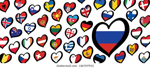 Russian Russia flag and different countries flags with heart flags logo. For Europe, eurovision music song festival, contest. Music songs for vision dreams. Vector euro TV icon pattern. 