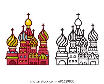 Russian Saint Basil cathedral in Moscow  Hand drawn cartoon vector illustration in color   back line art 