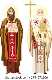 Russian saints Cyril and Methodius with the first Russian alphabet (ABC). The text on the clothes is canonical, from the ikon: it can be translated as "Guide my feet with your word."
