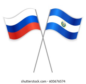 Russian and Salvadoran crossed flags. Russia combined with El Salvador isolated on white. Language learning, international business or travel concept.