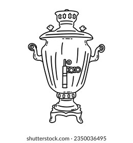 Samovar ruso para hervir agua y beber té. Antigua cultura tradicional rusa. Dibujo gráfico aislado de vector negro y blanco dibujado a mano