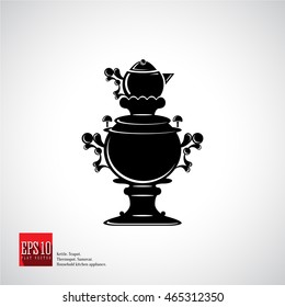 Russian samovar, national water boiler, kettle with little teapot vector black icon isolated.