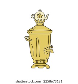 Russisch-Samovar.  Tea time. Ein heißes Getränk, Tee. Ein Keramikteapot. Tee trinken im Retro-Stil. Doodle. Illustration, Vektorgrafiken. Einziger Hintergrund. 