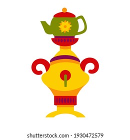 Russian samovar with teapot isolated on white background. Russian Maslenitsa. Vector illustration in a flat style. For design and decoration.