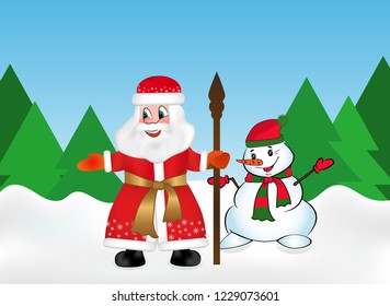 Russian Santa Claus or Father Frost also known as Ded Moroz with staff and Snowman in the snow forest on the background of Christmas trees. Vector illustration.