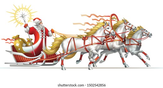 Russian Santa Claus - Father Frost on a sleigh pulled by three horses on a white background