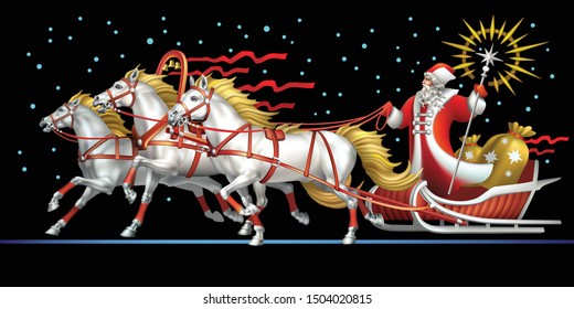 Russian Santa Claus - Father Frost on a sleigh pulled by three horses on a black background