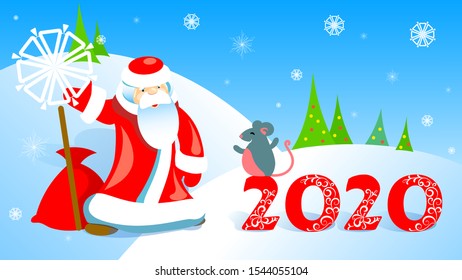 Russian Santa Claus Father Frost with rat and 2020 in New Year forest. Holiday eve celebration outdoors. Fairy trees on backdrop. Snowy winter day.