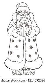 Russian Santa Claus with a gift. Grandfather Frost on a white background. Funny New Year character. Saint Nicholas. Vector illustration on a white background. Outlined for coloring book.