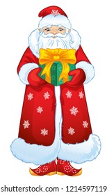 .Russian Santa Claus with a gift. Grandfather Frost on a white background. Funny New Year character. Vector illustration in cartoon style. Saint Nicholas.