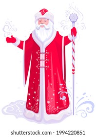 Russian santa claus grandfather frost in red coat stand with ice staff. Vector cartoon illustration isolated on white