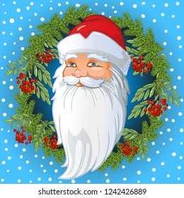 Russian Santa Claus Head inside a wreath of spruce and rowan twigs, leaves and berries of mountain ash. Vector Christmas cartoon illustration jn blue background with snowflakes.
