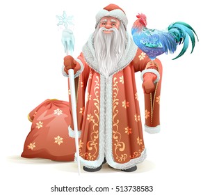 Russian Santa Claus holding blue rooster symbol of 2017. Isolated on white vector illustration