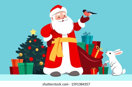 Russian Santa Claus in long red robe, with Christmas tree, wrapped gifts, sack of gifts, hare and bird. Christmas, New year vector cartoon character illustration for greeting cards, posters, ads.