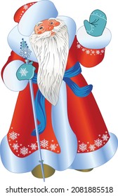 Russian Santa Claus in a red fur coat with a staff. Vector image.