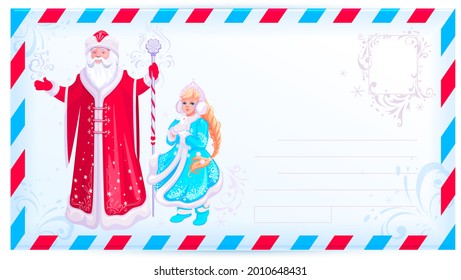 Russian santa claus and snow maiden design christmas card template envelope for letter. Vector cartoon illustration