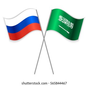 Russisch und Saudi-Arabien überkreuzten Flaggen. Russland kombiniert mit Saudi-Arabien einzeln auf Weiß. Sprachenlernen, internationales Business- oder Reisekonzept.