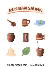 Russian sauna. Bathing baden accessories relax hot place hat broom bathroom garish vector sauna items collection cartoon