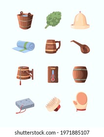 Russian sauna. Objects for bathing and relaxing broom hat spa items garish vector wooden sauna in cartoon style
