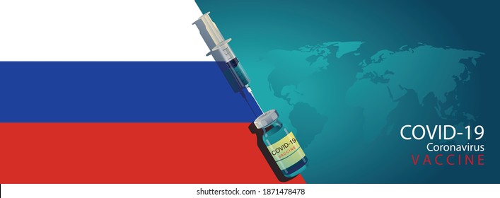 RUSSIAN scientist team has discovered the COVID-19 vaccine, laboratory test, syringe, a vaccine vial, working on the test. vaccine development Ready for treatment illustration, vector flat design