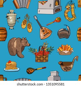 Russian seamless pattern, world of Russia background with traditional elements, vector hand drawn illustration. Collection of culture and nature images, including balalaika, accordion, samovar, stove
