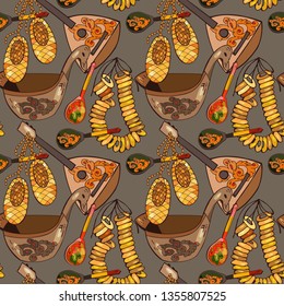 Russian seamless pattern, world of Russia background with traditional elements, vector hand drawn illustration. Collection of culture and nature images.
