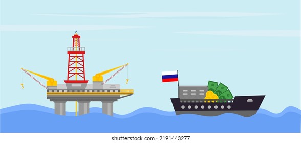 Russian ship with money sails away from the offshore gas drilling rig, oil platform in the ocean oil, Import and export of gas, oil and fuel, barrels, pipeline transit, embargoes and sanctions