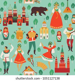 Russian sights and folk art. Flat design Vector illustration. Seamless pattern vector.