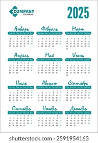 Russian  simple pocket calendar on 2025 year. ready to print annual layouts. Business minimal modern 2025 calendar. 