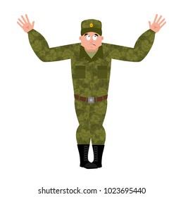 Russian soldier confused oops. Warrior perplexed emotions. surprise Military in Russia. Illustration for 23 February. Defender of Fatherland Day. Army holiday for Russian Federation