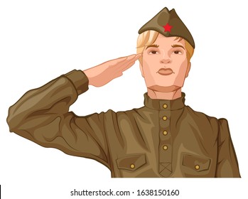 Russian soldier man in retro military uniform salutes with his hand. Isolated on white vector cartoon illustration