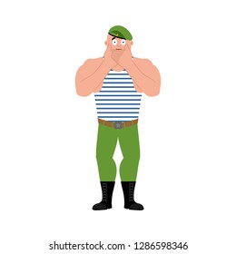 Russian soldier scared OMG. Airborne troops Oh my God emotions. Paratrooper Military in Russia Frightened. Illustration for 23 February. Defender of Fatherland Day. Army holiday for Russian Federation