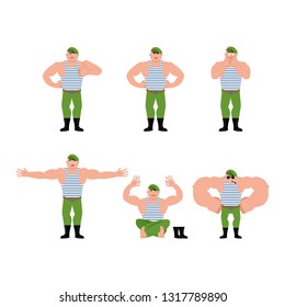 Russian soldier set poses and motion. Airborne troops happy and yoga. Paratrooper Military in Russia sleeping and angry. guilty and sad. Illustration for 23 February 