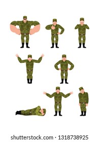 Russian Soldier set poses and motion. Warrior happy and yoga. sleeping and angry Military in Russia. guilty and sad. Illustration for 23 February.  