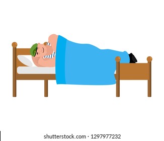 Russian soldier Sleeps on bed. Airborne troops  asleep. Paratrooper Military in Russia dormant. Illustration for 23 February. Defender of Fatherland Day. Army holiday for Russian Federation