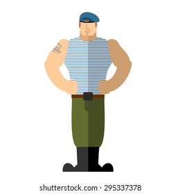 Russian soldiers. Military man in t-shirt and blue beret. strong guy stands. Airborne Troops